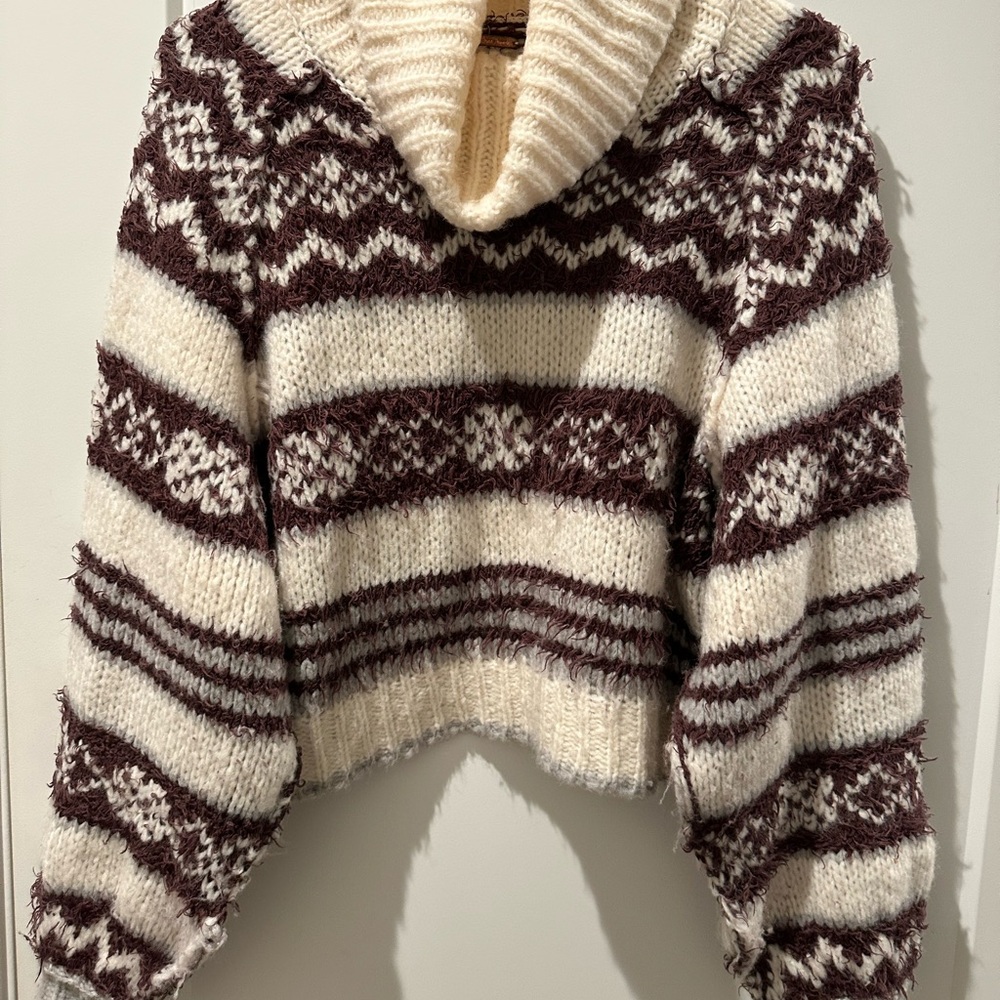 Free People Cowl Neck Sweater - Cream and Brown